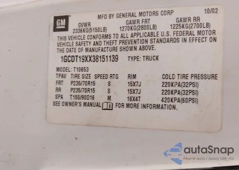 2003 Chevrolet S-10 Ls из США, поврежденный, VIN 1GCDT19XX38151139